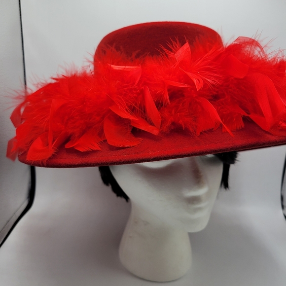 Vintage Wool Felt Hat • Red Feathers • Kentucky Derby • Wide Brim - Picture 2 of 6